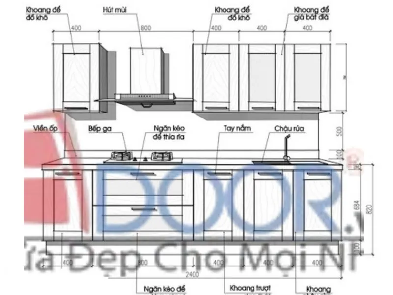 Tủ bếp nhôm kính chữ I với kính trắng ngọc và khung nhôm sơn tĩnh điện