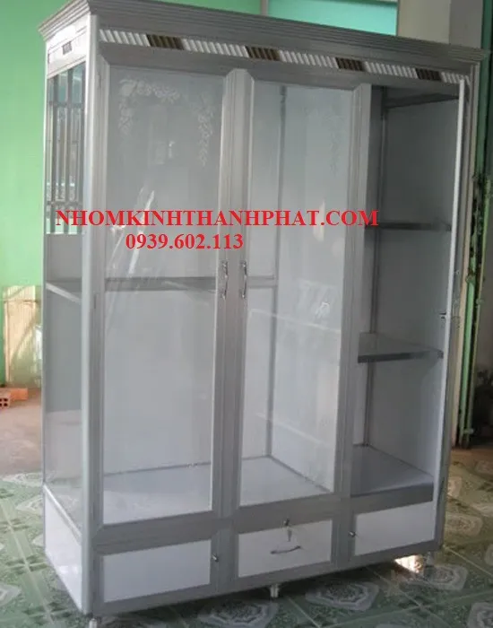 Mẫu tủ quần áo nhôm kính 3 buồng sơn tĩnh điện trắng sứ, phù hợp phòng 12-15m²
