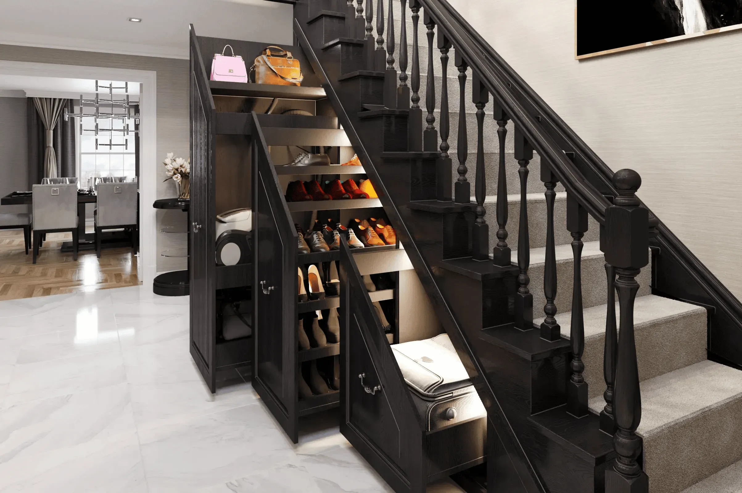 Tủ trang trí cầu thang phòng khách