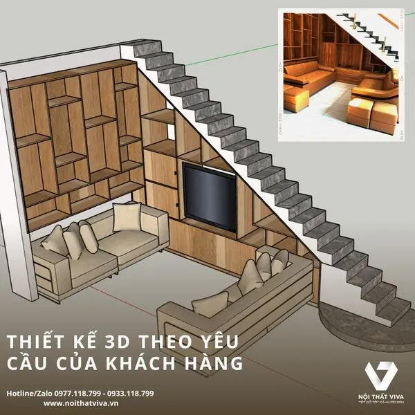 Bản vẽ 3D tủ cầu thang phòng khách