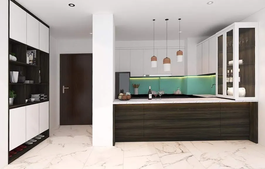 Tủ giày full trần kết hợp tủ trang trí và kệ sách ở lối vào