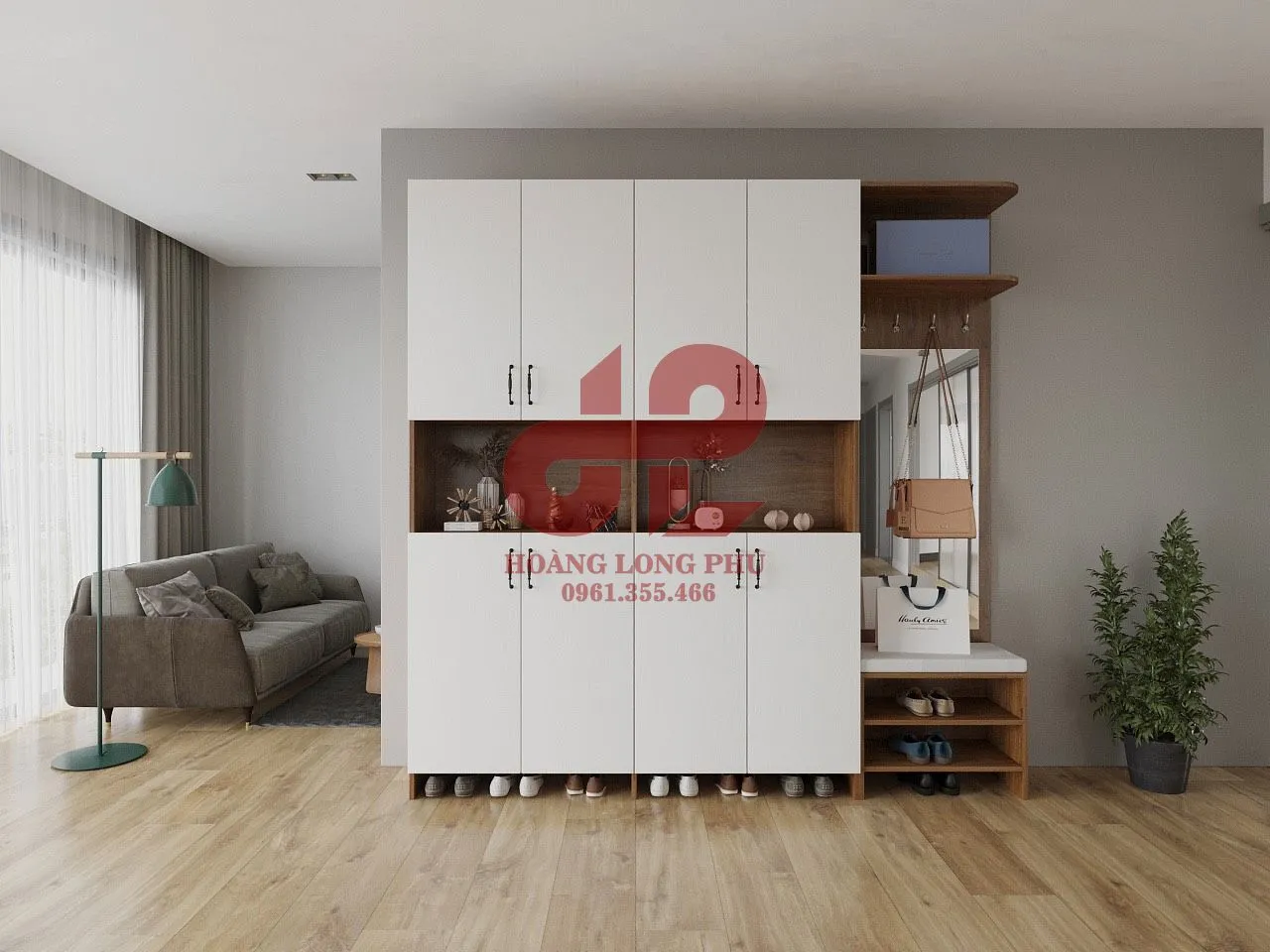 Tủ giày kết hợp tủ trang trí ở lối ra vào, nhiều ngăn chứa