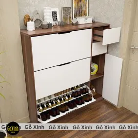 Tủ giày Cherry 100cm vân hồ đào phối cánh trắng tạo điểm nhấn hiện đại