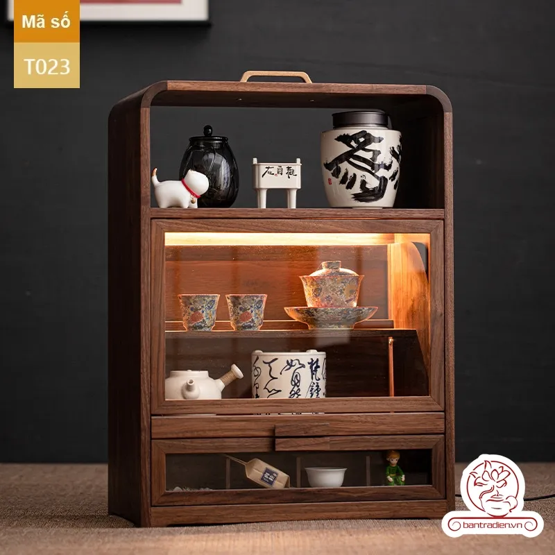 Tủ kệ trà trưng bày ấm chén dụng cụ trà trang trí không gian trà đạo T023
