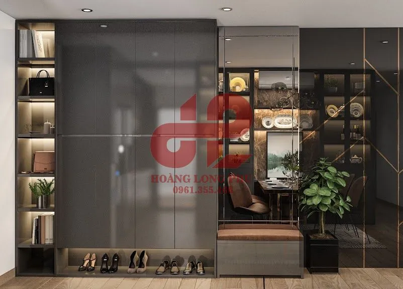 Tủ giày màu xám acrylic bóng gương, thiết kế hiện đại sang trọng