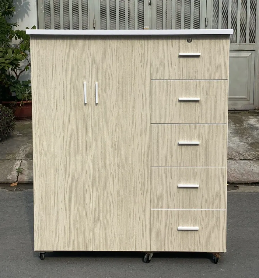 Tủ nhựa đựng quần áo 5 ngăn màu gỗ thông có hai cánh và năm ngăn kéo