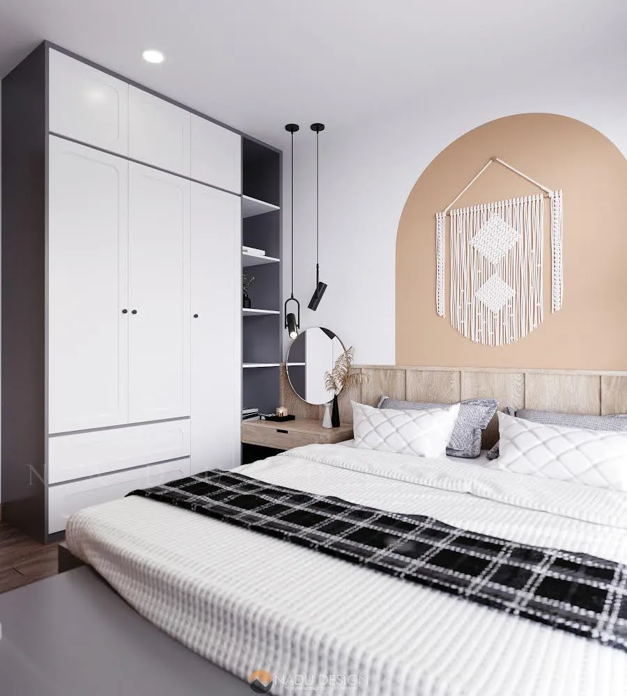 Mẫu tủ quần áo 3 buồng bằng gỗ công nghiệp màu vân gỗ và trắng phối hợp hài hòa