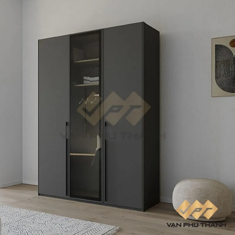 Mẫu tủ quần áo 3 buồng hiện đại kết hợp cánh hợp kim nhôm và cánh kính