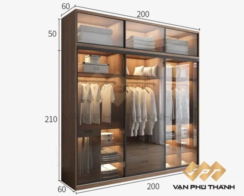 Cấu tạo chi tiết bên trong của tủ quần áo 3 buồng hiện đại với các ngăn treo và kệ