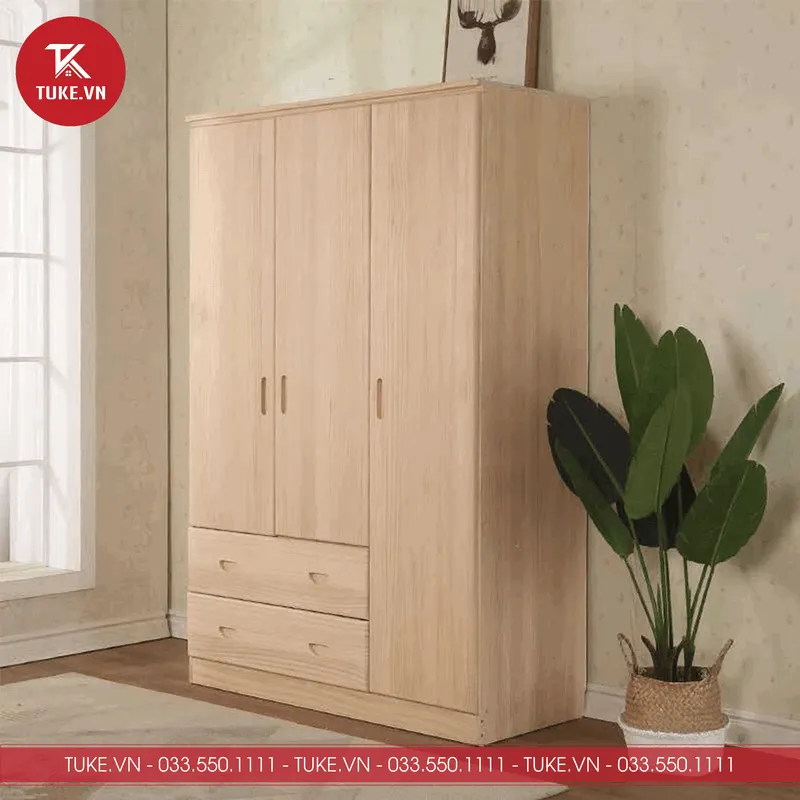 Tủ quần áo 3 cánh gỗ công nghiệp màu gỗ tự nhiên, thiết kế có 2 ngăn kéo bên ngoài