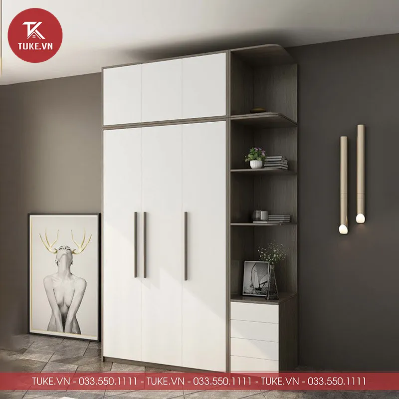 Tủ quần áo 3 cánh gỗ MDF liền kệ tivi, thiết kế kịch trần hiện đại
