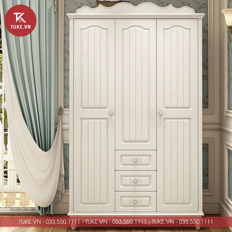Tủ quần áo 3 cánh gỗ ép tân cổ điển màu trắng ngà, có chạm khác hoa văn tinh tế
