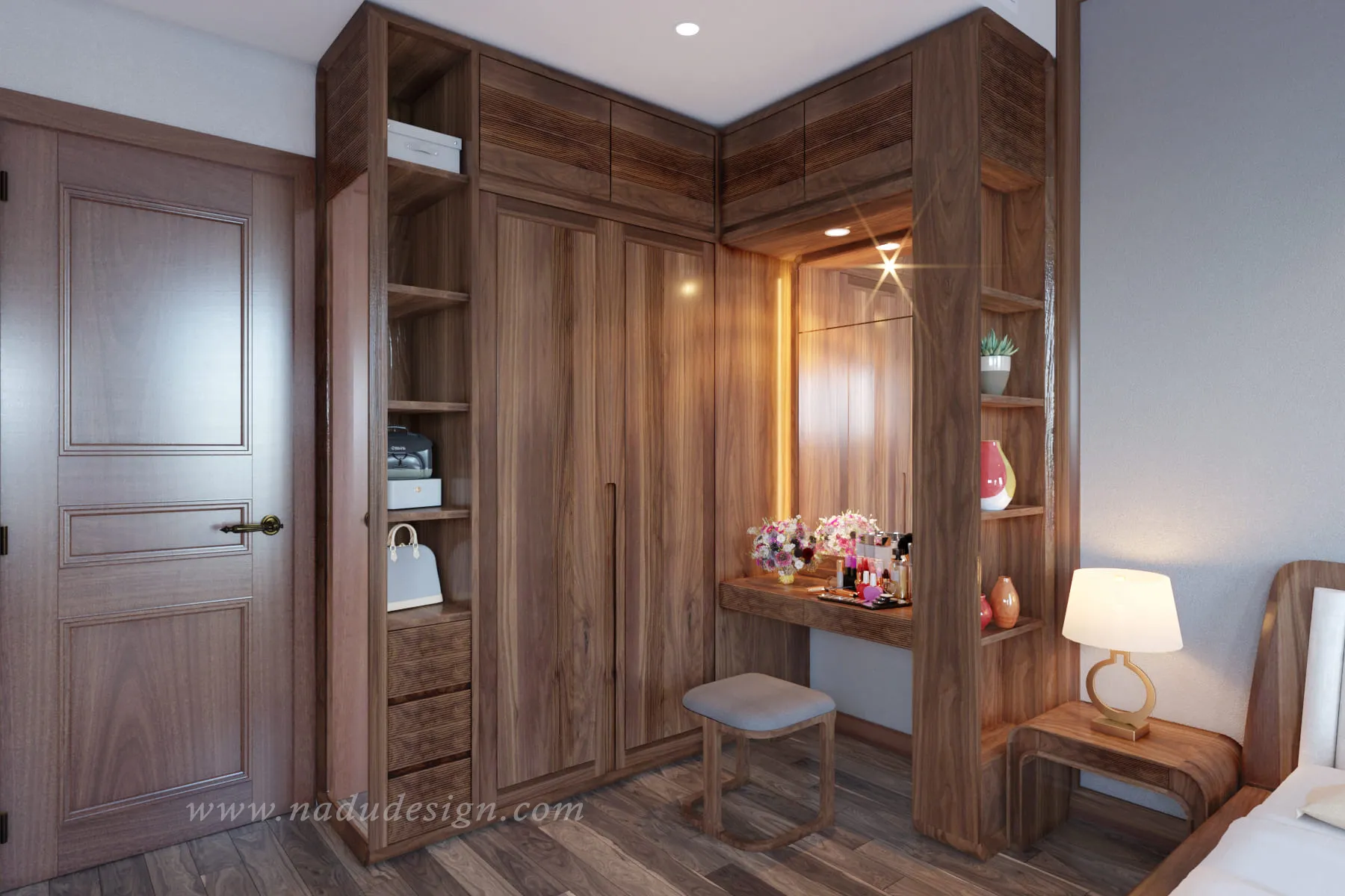 Phối cảnh phòng ngủ với tủ áo gỗ 3 buồng/4 buồng và bàn trang điểm đồng bộ chất liệu