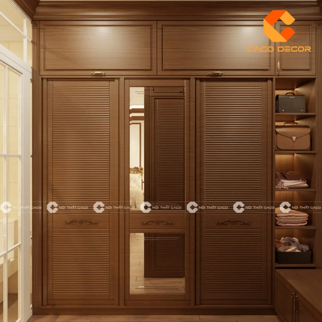 Mẫu tủ quần áo 4 cánh gỗ tự nhiên theo phong cách tân cổ điển