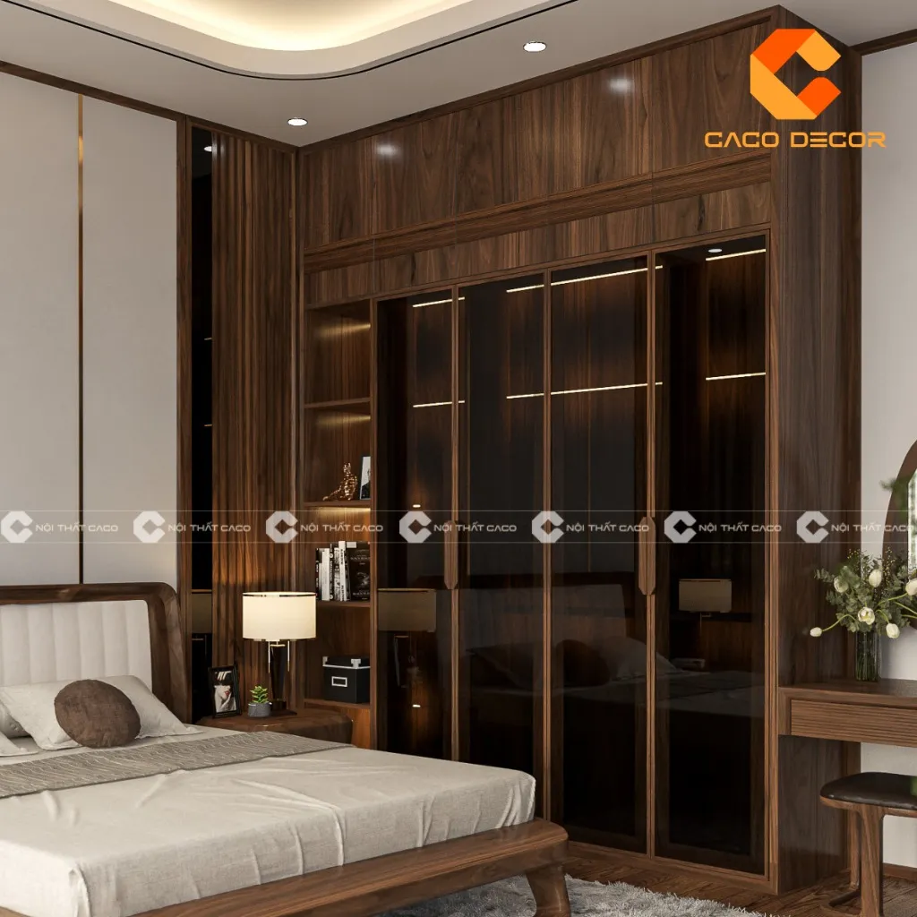 Tủ quần áo 4 cánh gỗ tự nhiên kết hợp cánh kính sang trọng