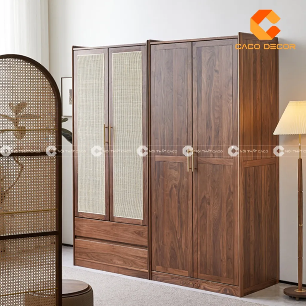 Mẫu tủ quần áo 4 cánh gỗ tự nhiên mã SP01 với hộc kéo tiện lợi