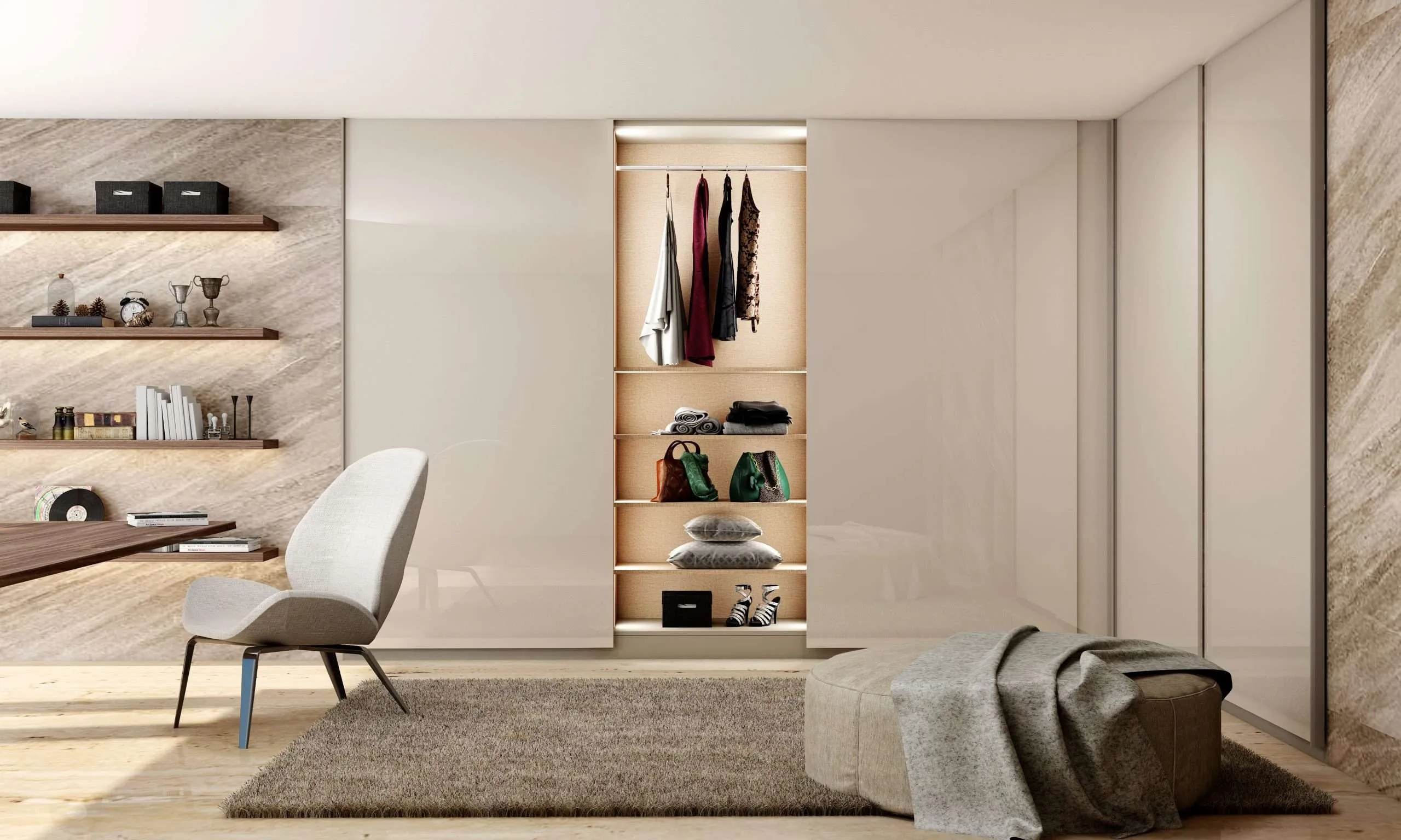 Tủ quần áo cửa lùa chữ L giúp tăng công năng lưu trữ, tiết kiệm diện tích