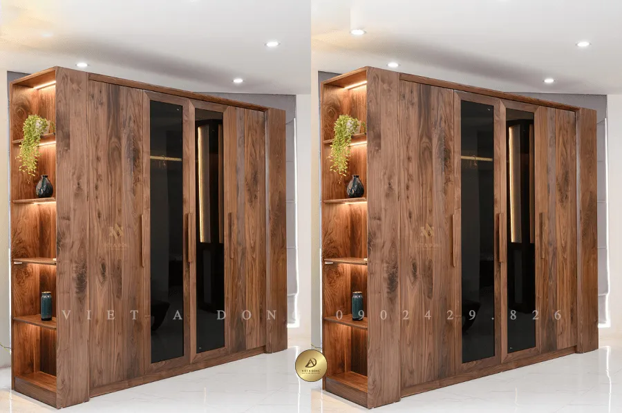 Tủ quần áo gỗ óc chó kết hợp kệ trang trí