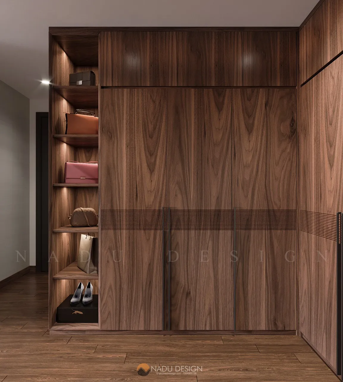 Mẫu tủ quần áo gỗ tự nhiên màu nâu đậm, thiết kế hiện đại, thanh lịch và quyến rũ