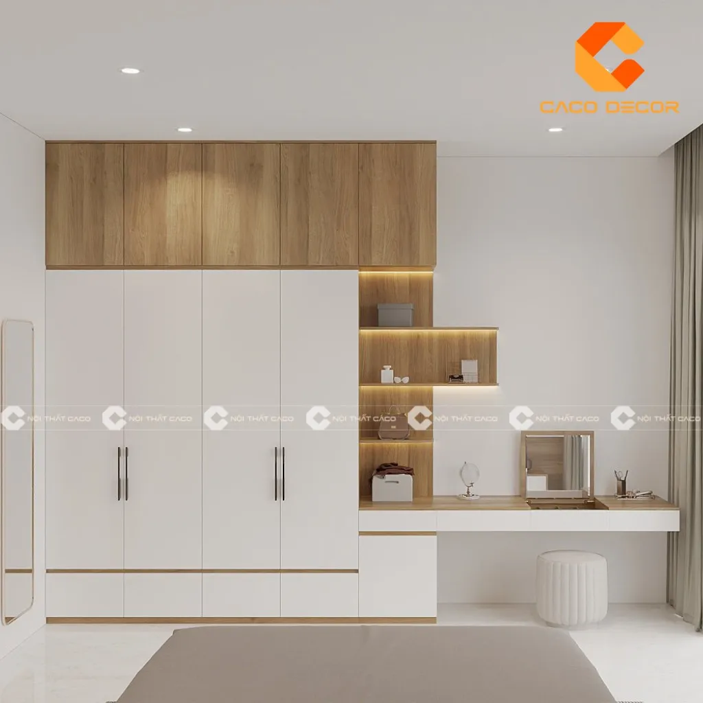 Bàn trang điểm kết hợp tủ quần áo màu trắng và vàng gỗ