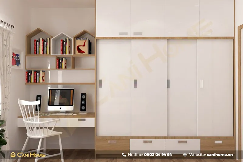 Tủ quần áo kết hợp bàn làm việc với gam màu tươi sáng