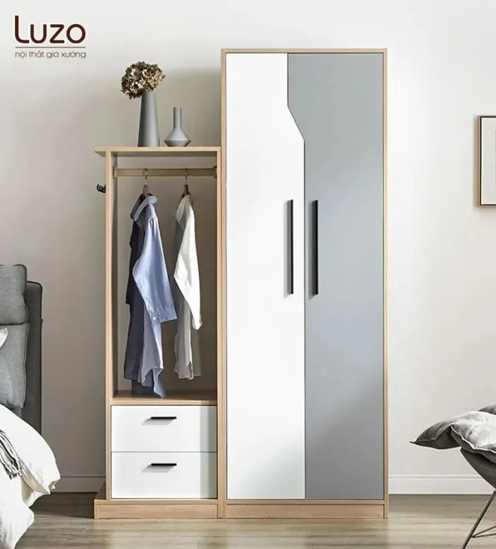 Tủ quần áo lắp ráp MDF 2 cánh màu trắng với thiết kế tối giản
