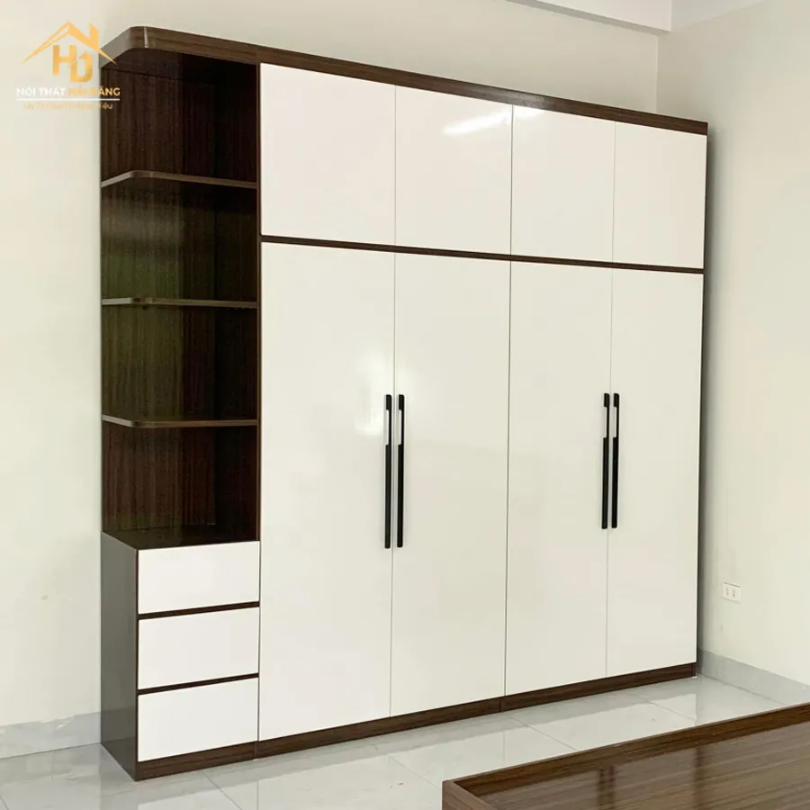 Tủ quần áo gỗ giá rẻ 4 cánh hiện đại, màu trắng đen phối hợp