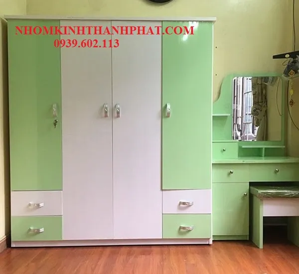 Mẫu tủ quần áo nhôm ốp kính màu, tạo điểm nhấn cho phòng ngủ tối giản