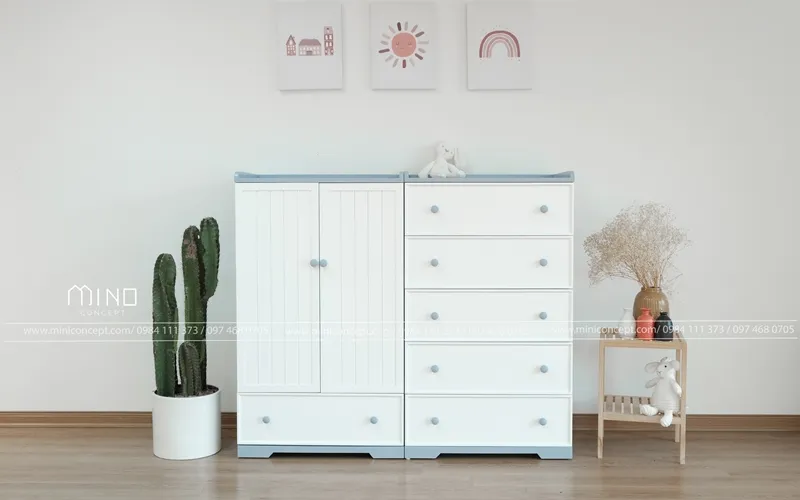 Tủ quần áo trẻ em màu trắng kết hợp gỗ tự nhiên