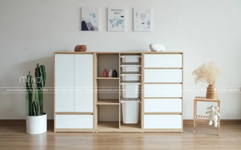 Tủ quần áo trẻ em màu vàng pastel với ngăn kéo và khoang treo