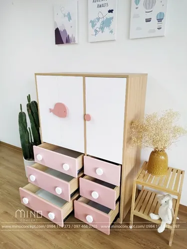 Tủ quần áo trẻ em dạng đôi màu gỗ tự nhiên với nhiều ngăn kéo
