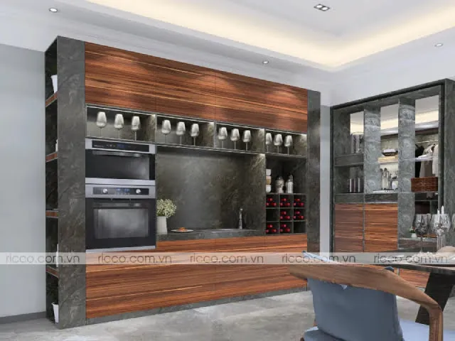Kết hợp tủ rượu với tủ trang trí, đặt thiết bị bếp, đồ gia dụng…