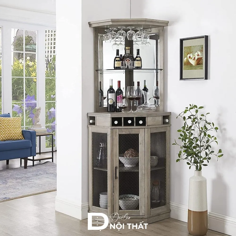 Không gian phòng khách nổi bật khi bố trí tủ rượu góc hài hòa