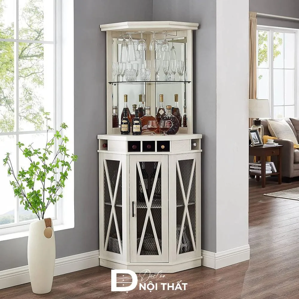Mẫu tủ rượu góc màu trắng hiện đại trong phòng khách có thiết kế tối giản