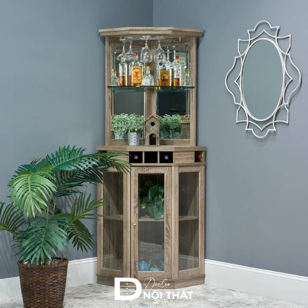 Tủ rượu góc phòng khách màu gỗ sáng nổi bật và ấm cúng