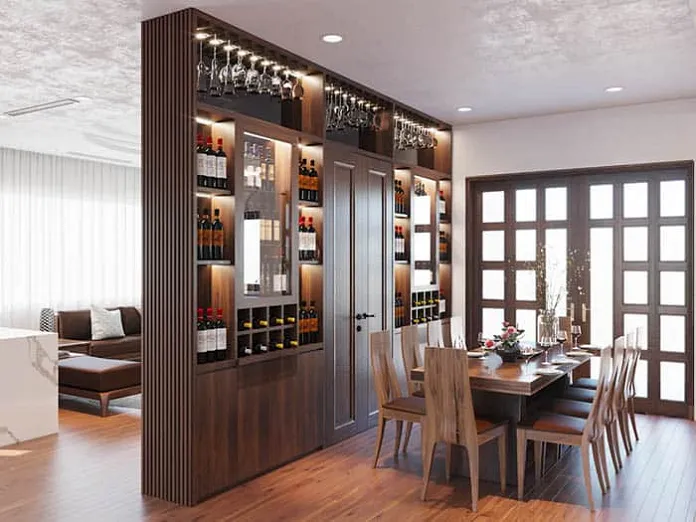 Tủ rượu hiện đại với đèn LED âm trần