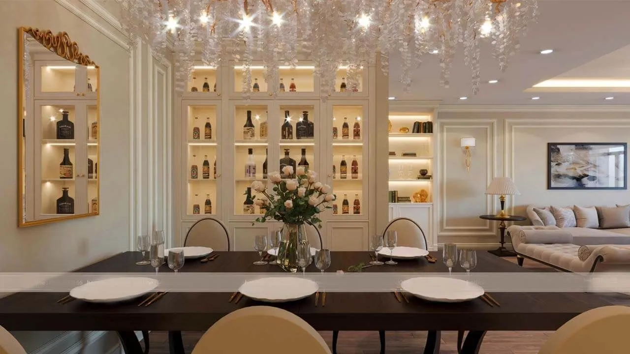 Tủ rượu phòng khách đẹp với tone trắng cổ điển, có gắn đèn âm tủ chiếu sâu rất sang trọng