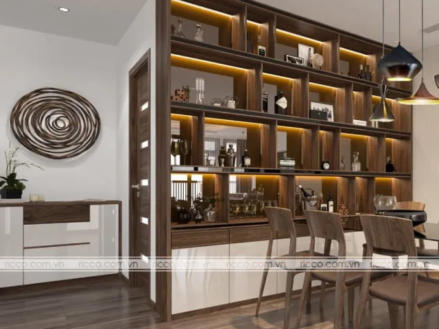 Mẫu tủ rượu kết hợp đèn led nâng tầm không gian phòng khách – bếp