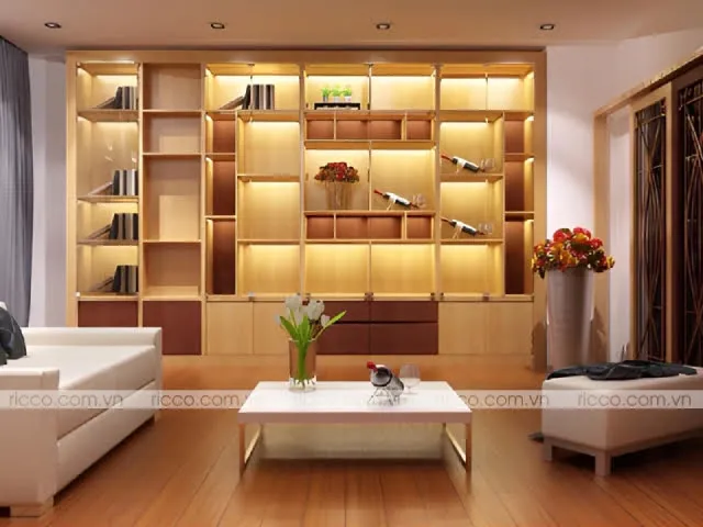 Tủ rượu gỗ tự nhiên tích hợp với tủ trang trí phòng khách