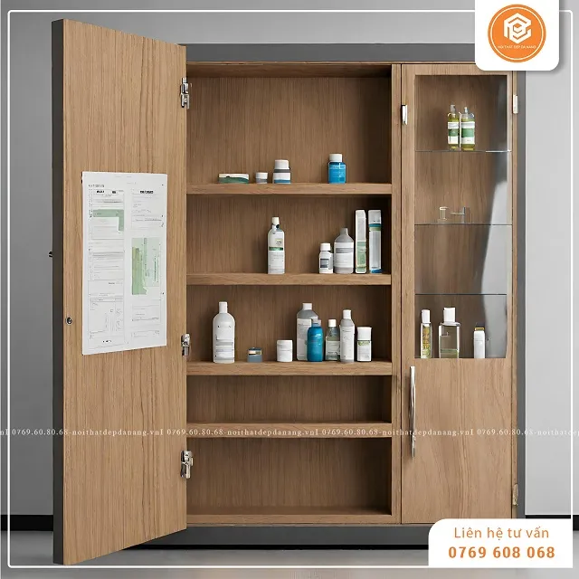 Chi tiết kỹ thuật bên trong tủ thuốc y tế treo tường bằng gỗ