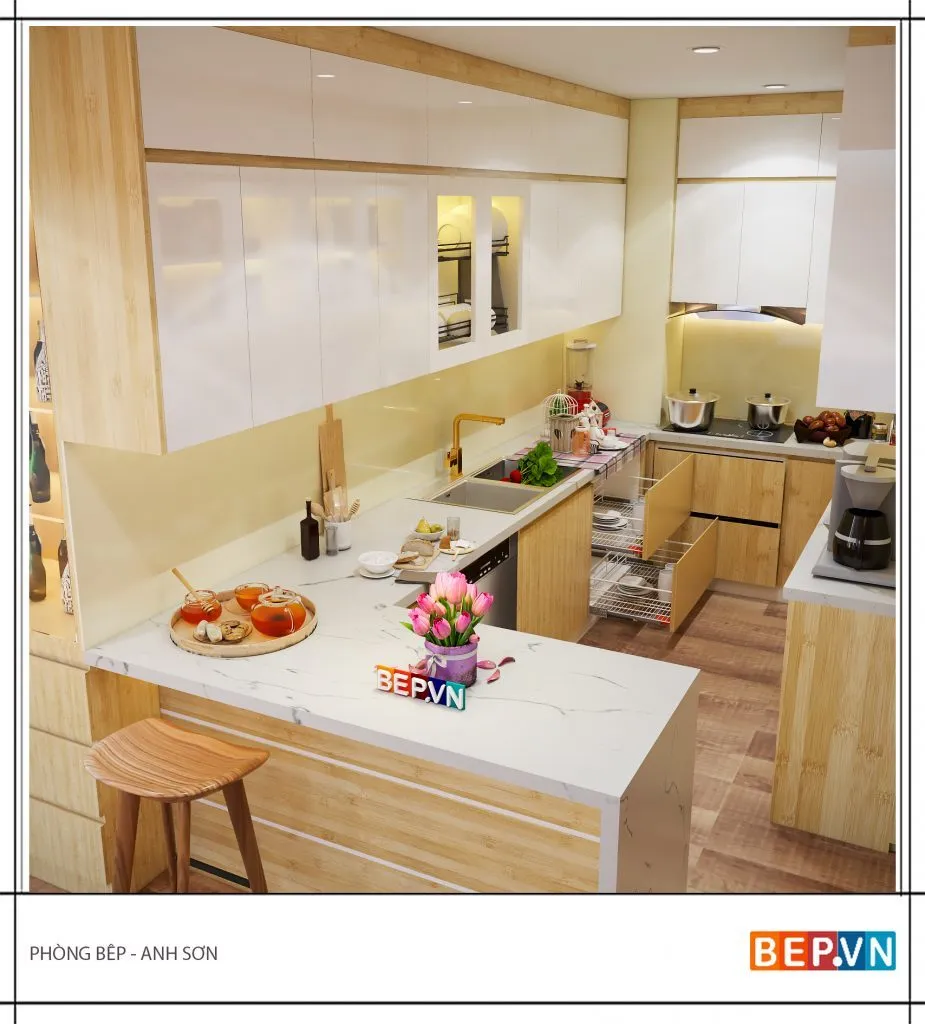 Thiết kế tủ bếp chữ G mộc mạc, giản dị của gia đình anh Sơn