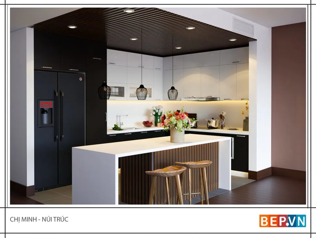 Thiết kế tủ bếp chữ L kèm bàn đảo bếp hiện đại