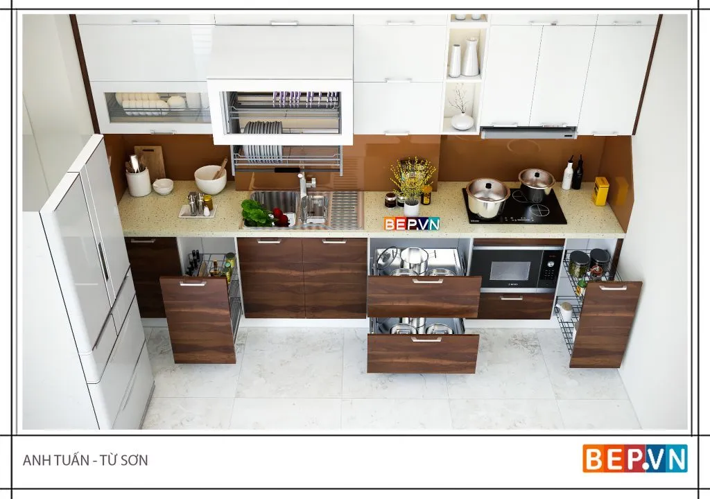 Tủ bếp chữ I vẫn phục vụ đầy đủ công năng tiện ích cho người sử dụng