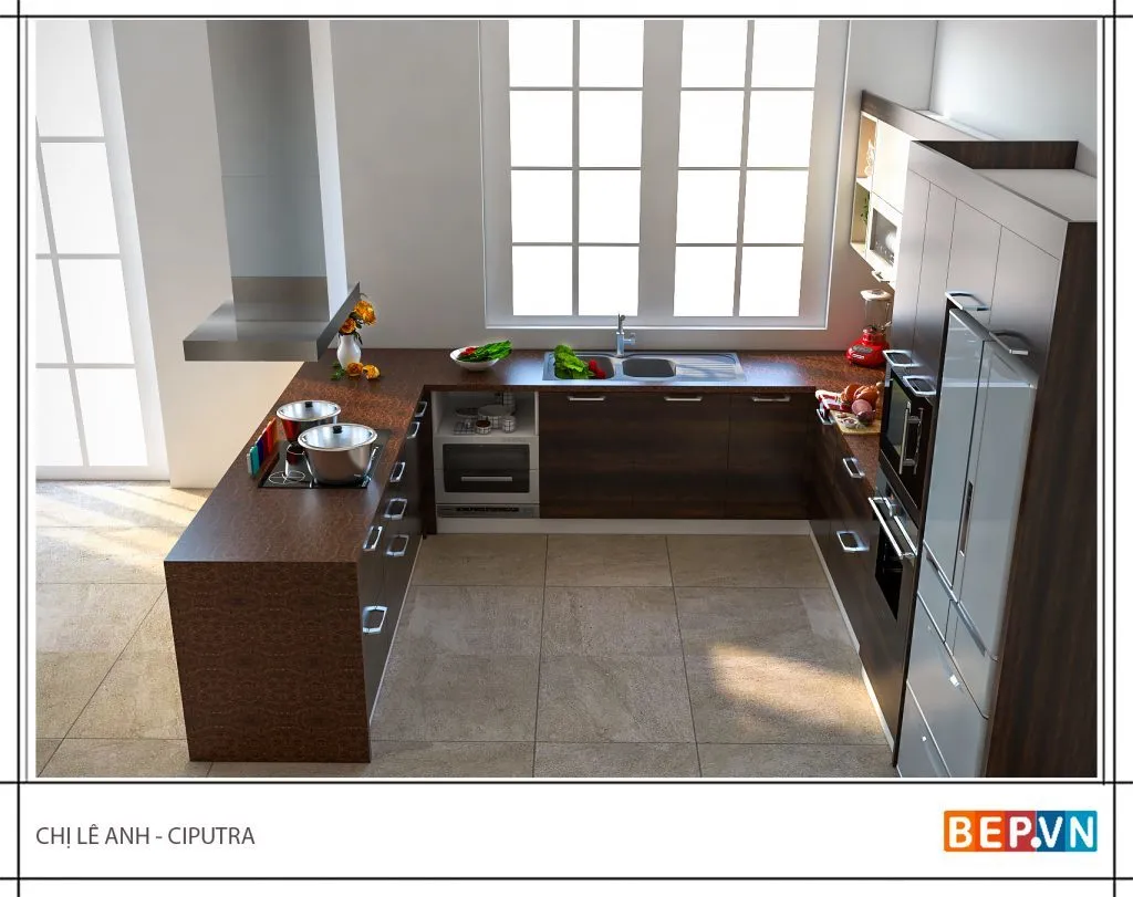 Thiết kế tủ bếp chữ U với chất liệu Laminate chống chịu trầy xước