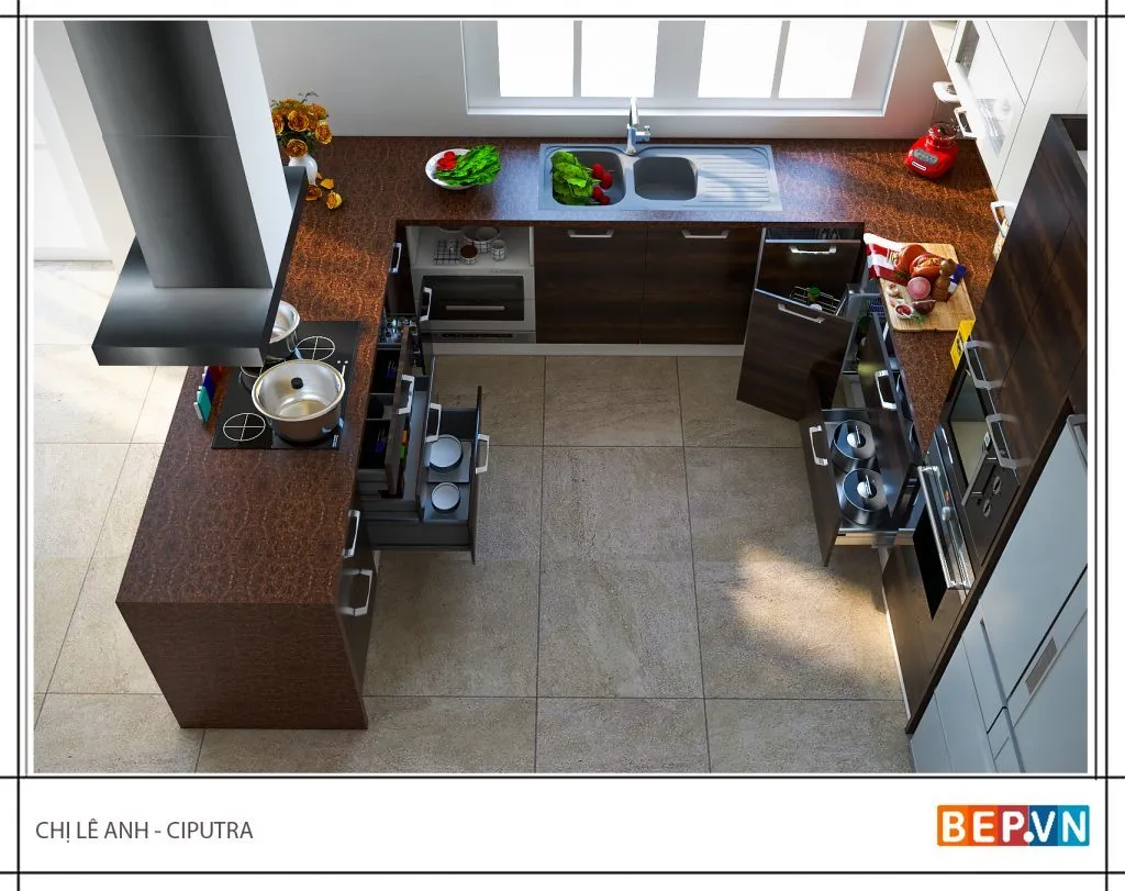 Chị Lê Anh lựa chọn hút mùi đảo cho nhà bếp trở nên ấn tượng, độc đáo hơn