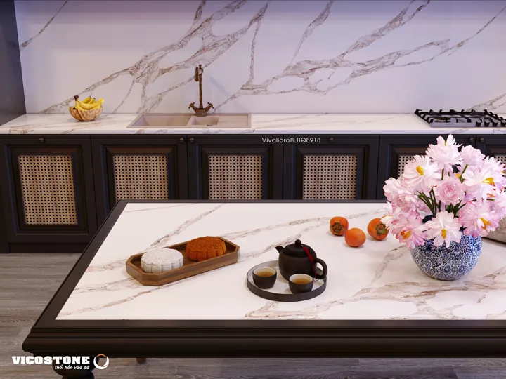 Tường bếp và bàn ăn ốp đá VICOSTONE Vivalioro BQ8918