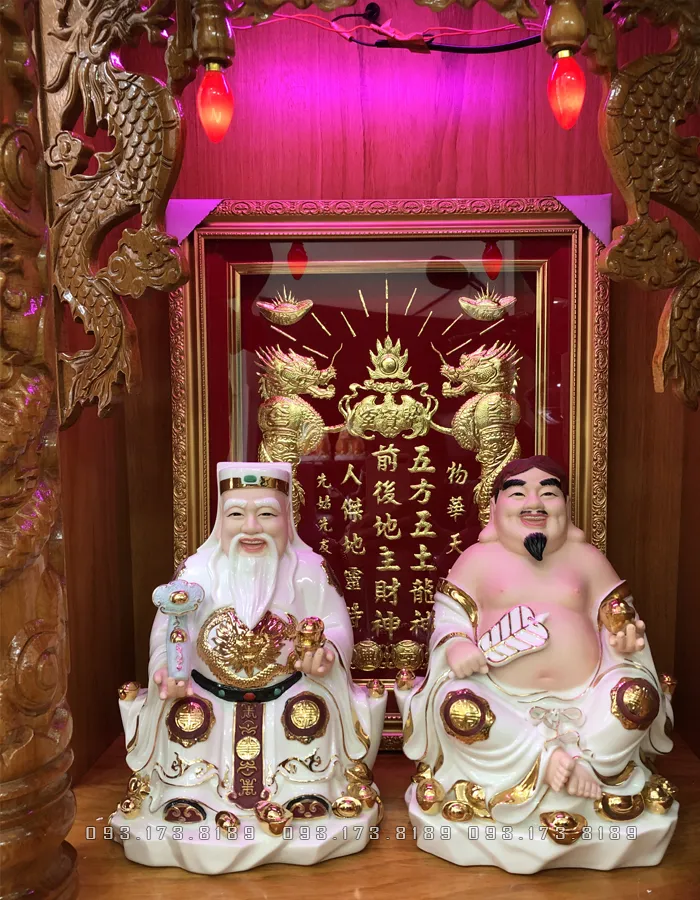 Tượng Ông Địa Thần Tài Sứ trắng đế mây cao cấp