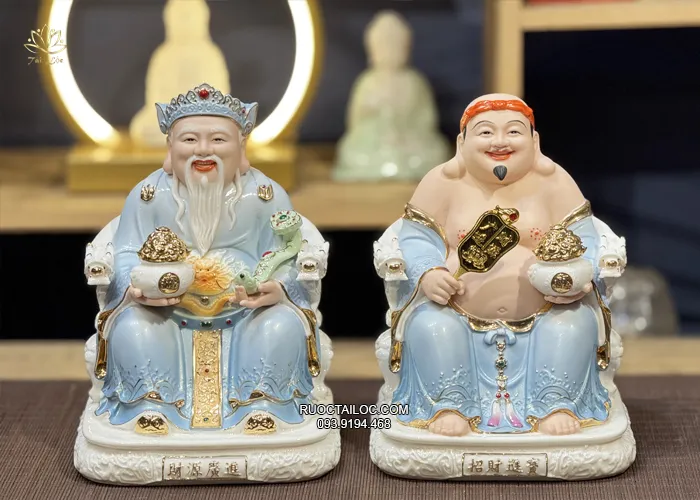 Tượng Ông Địa Thần Tài Bằng Sứ Xanh Đế Vuông cao cấp