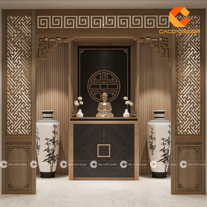 vách ngăn bàn thờ hiện đại tạo khoảng riêng cho không gian thờ
