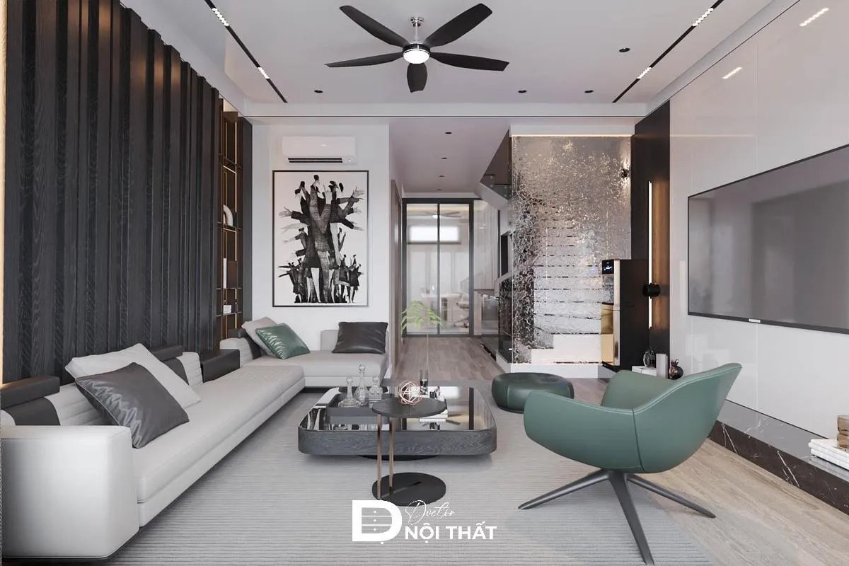 Vách ngăn cầu thang phòng khách hiện đại với thiết kế thông thoáng
